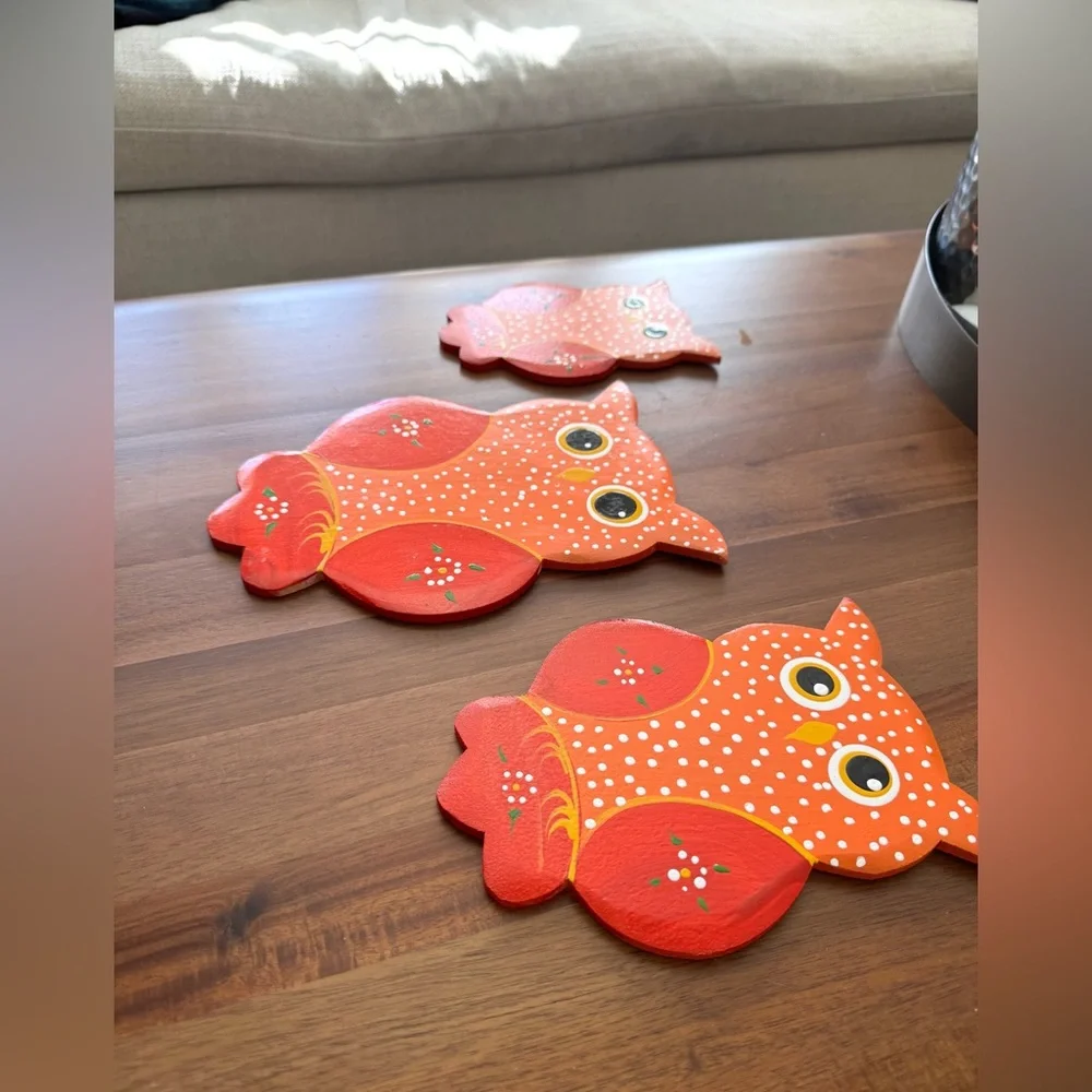 Set of Three Wood Orange Owl Wall Art